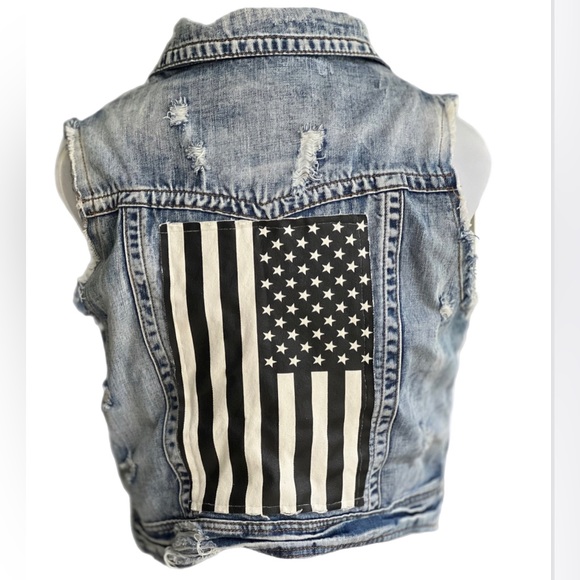 Lost Jackets & Blazers - American Flag Jean Vest Distressed Large Lg L
